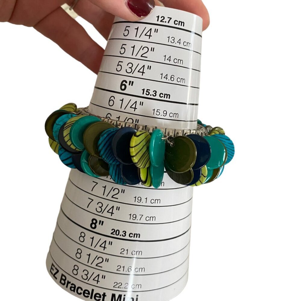 Vintage Shell Cha-Cha Expandable Bracelet Iridescent Blue Green Shell Discs